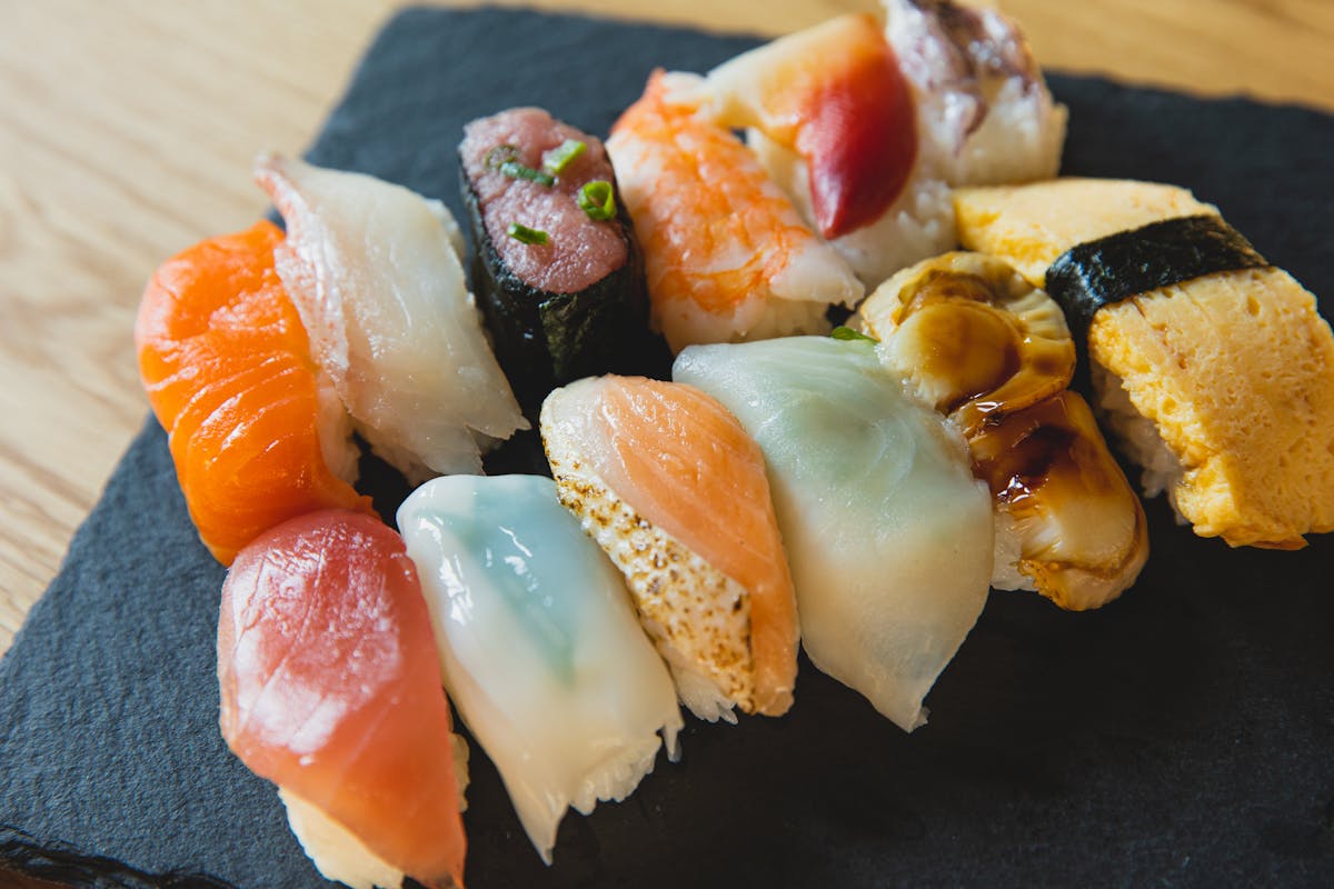 Assorted nigiri selection on slate